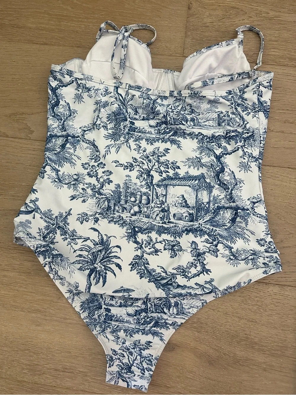 Blue & White Toile One Piece Swimsuit with Matching Sheer Sarong Cover-Up Set